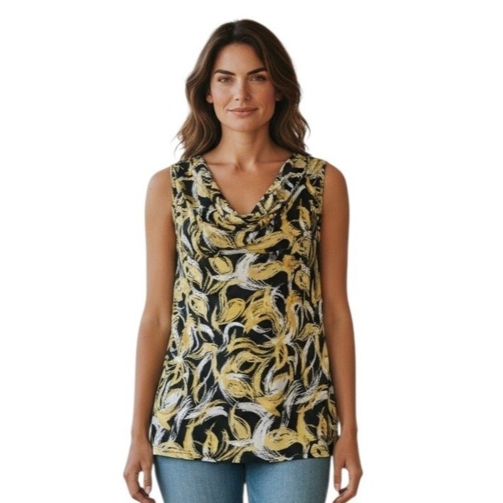 JKLA California Womens Cowl Neck Sleeveless Top Yellow Black Abstract‎ Swirl